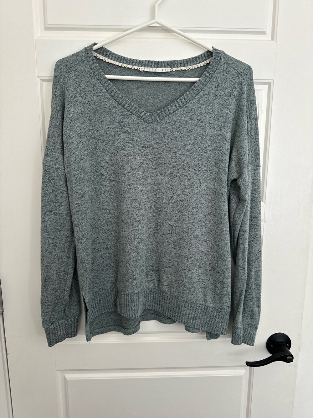 Potter's Pot Light Heather Green Gray V-Neck Sweater